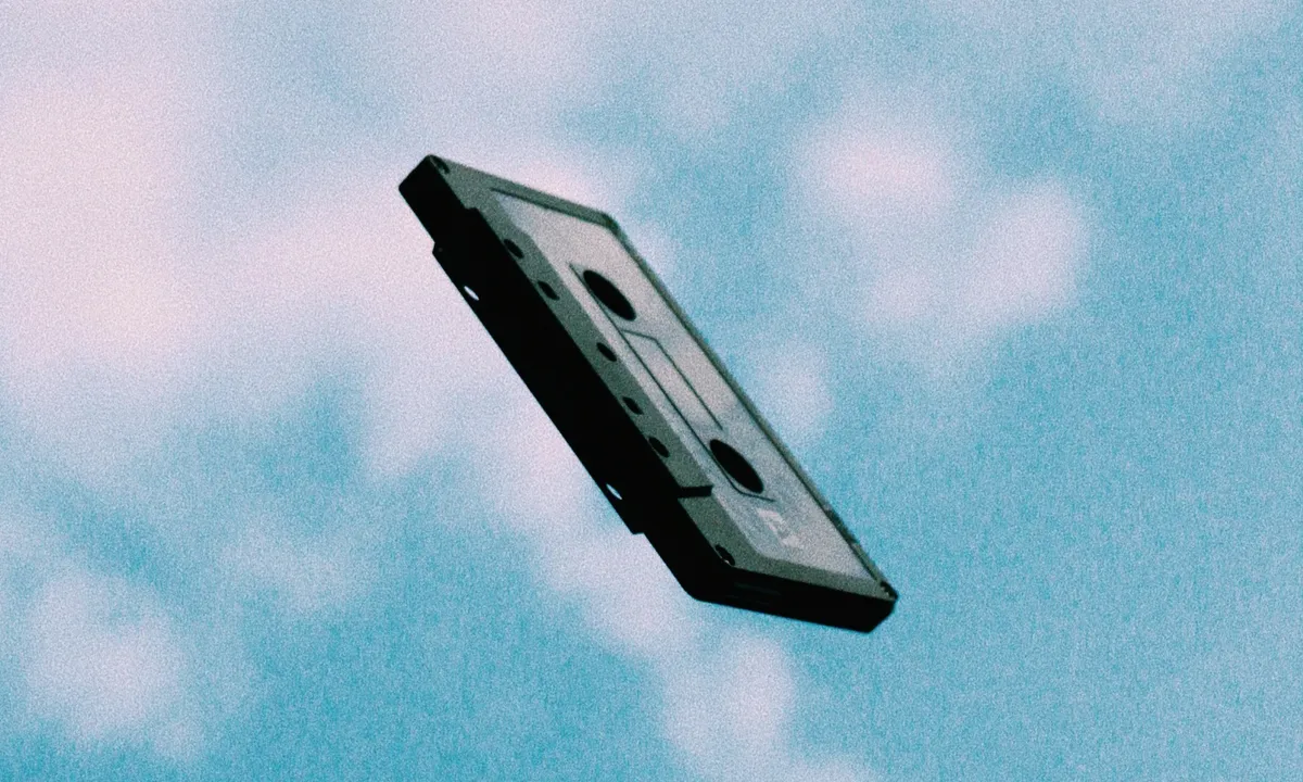 A cassette tape floating in the air